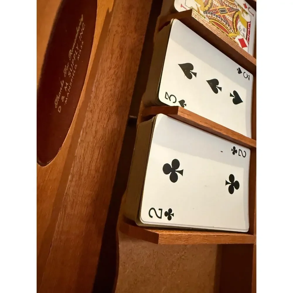🃏 Vintage Mahogany Wood Playing Card Box Holder w/ Scenic Lid – 11”